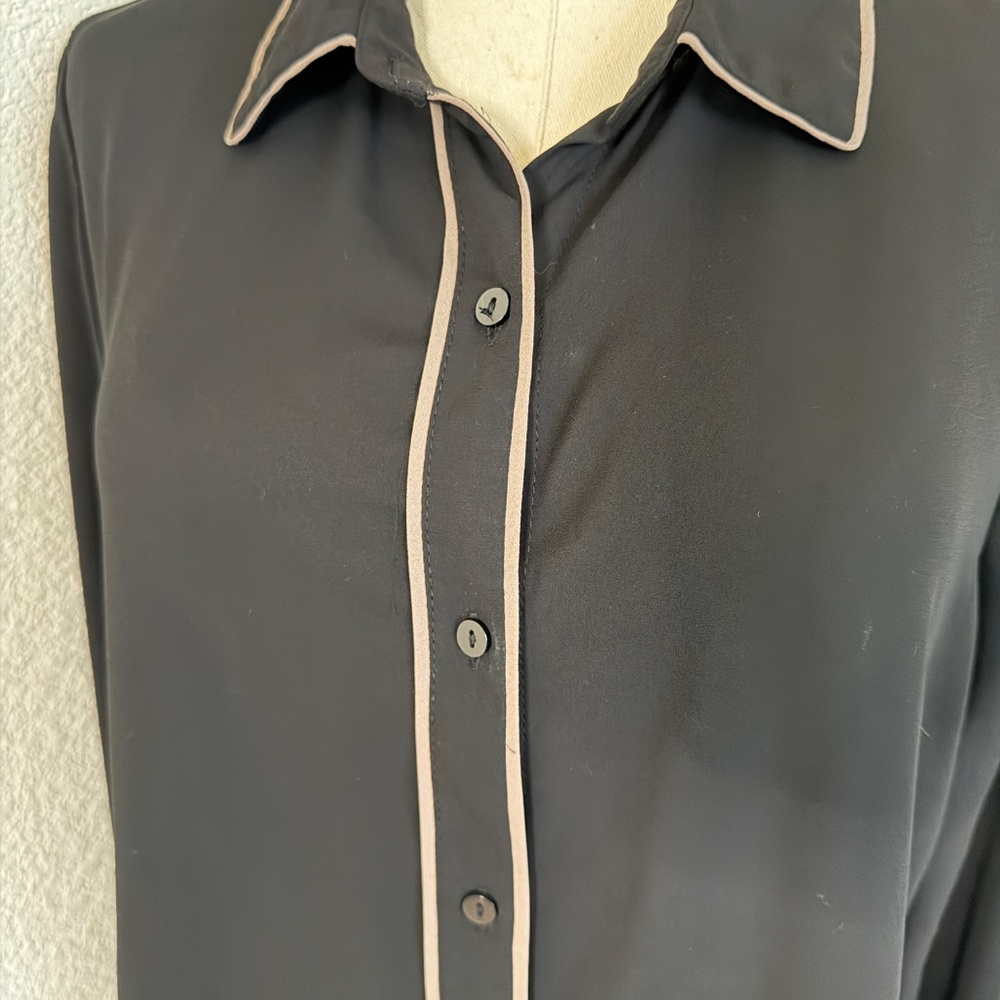 Black Sheer Button-Down Blouse With Contrast Pipi… - image 3